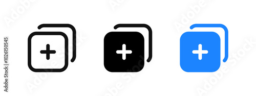 Add new post icon. Create new layer symbol. Duplicate sign. Publish button. Sum and plus square pictogram. Add post vector illustration.