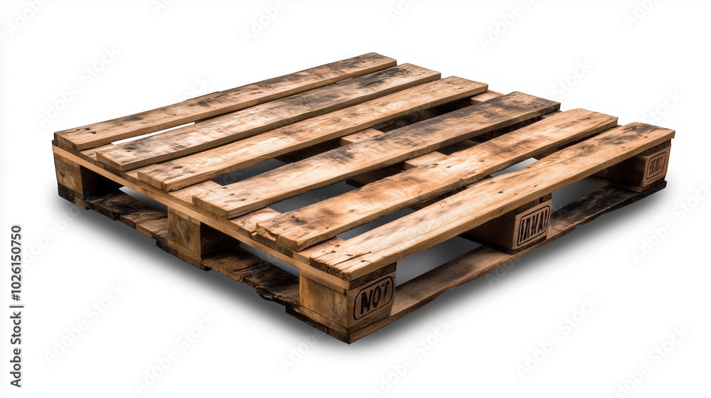A rustic, timeworn wooden pallet, isolated on a white background, its surface showing signs of use but maintaining a strong, reliable structure. A rustic, timeworn wooden pallet, isolated on a white background, its surface showing signs of use but maintaining a strong, reliable structure.