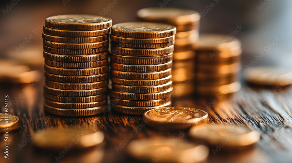 Stacks of golden coins neatly arranged on a wooden surface, reflecting the warm light and suggesting themes of savings, wealth, or financial success.