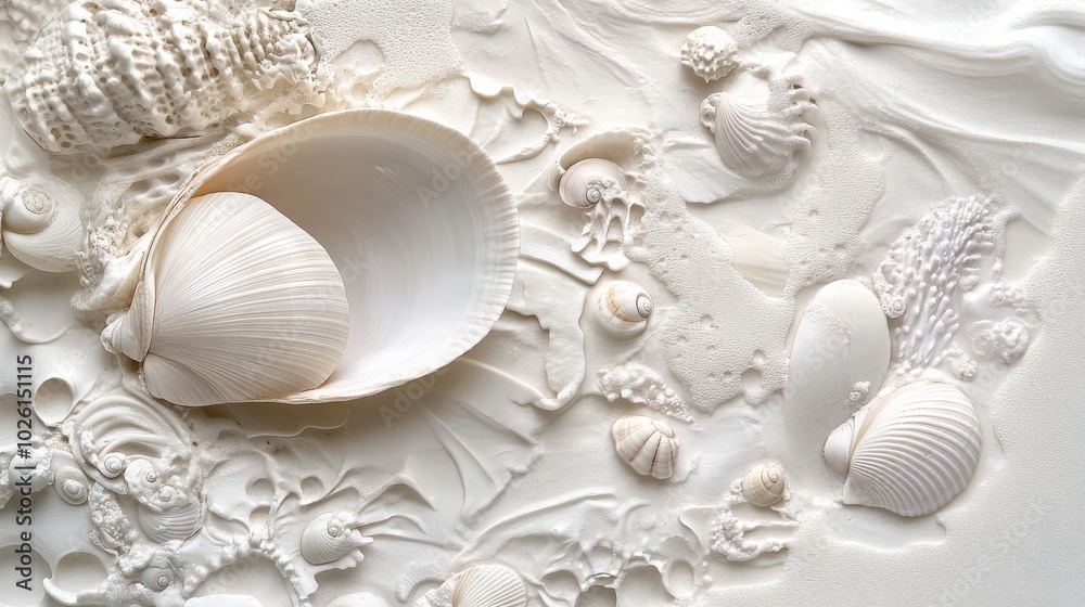 Elegant white backdrop with a detailed view of a clam and seashells, highlighting their intricate patterns and textures in a beach-inspired theme Elegant white backdrop with a detailed view of a clam and seashells, highlighting their intricate patterns and textures in a beach-inspired theme