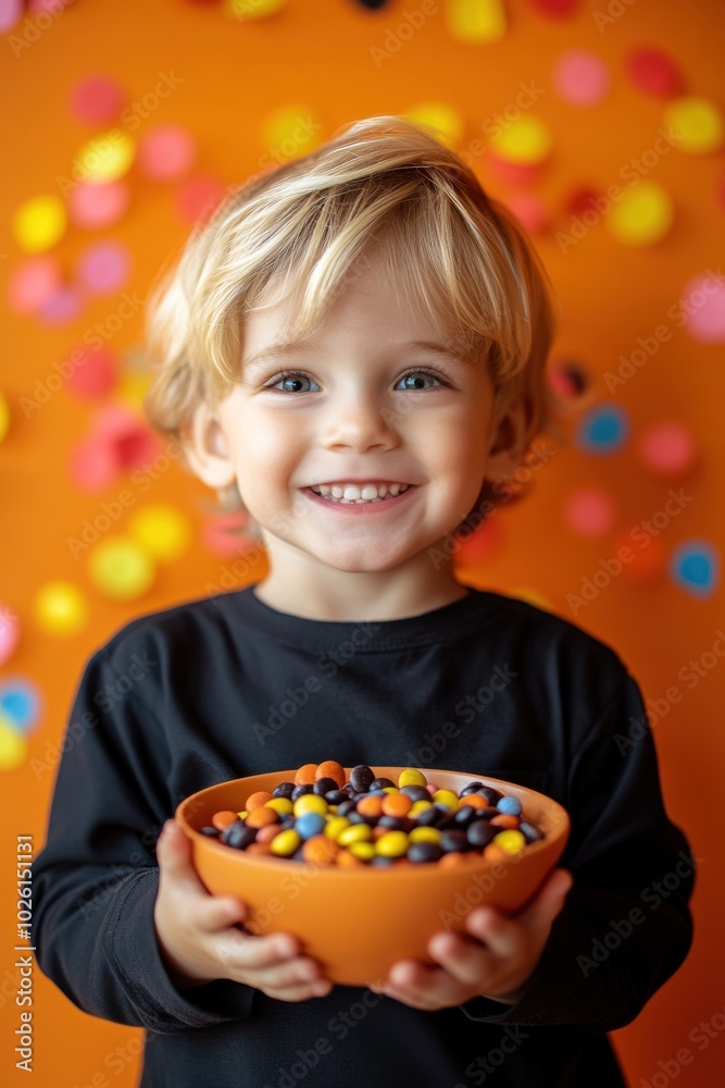 a happy blonde toddler boy holding bowl of halloween candy, orange background with confetti a happy blonde toddler boy holding bowl of halloween candy, orange background with confetti
