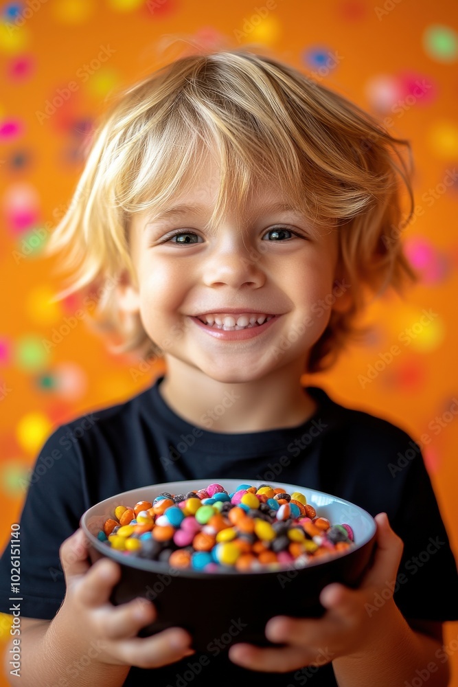a happy blonde toddler boy holding bowl of halloween candy, orange background with confetti a happy blonde toddler boy holding bowl of halloween candy, orange background with confetti