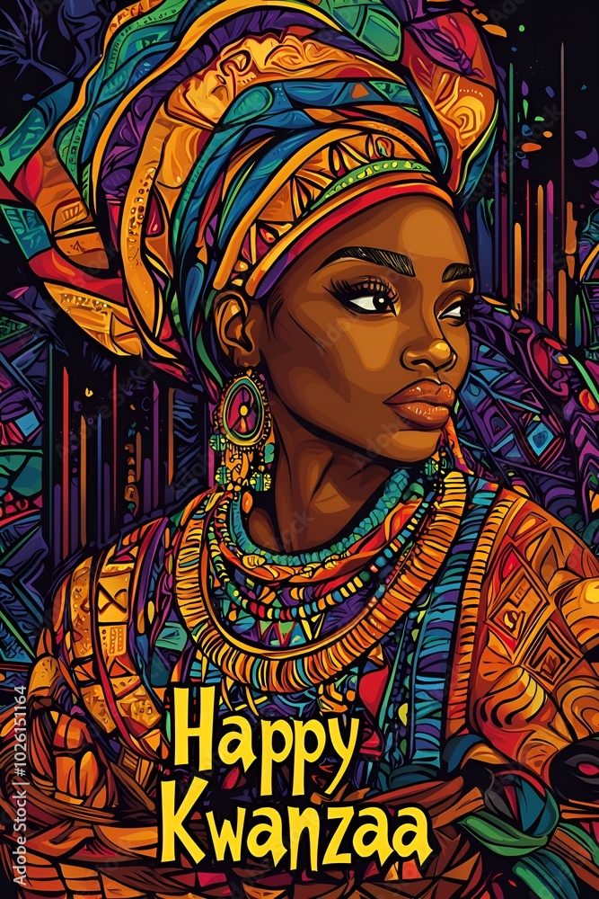 happy kwanzaa portrait of black woman in profile in national costume happy kwanzaa portrait of black woman in profile in national costume