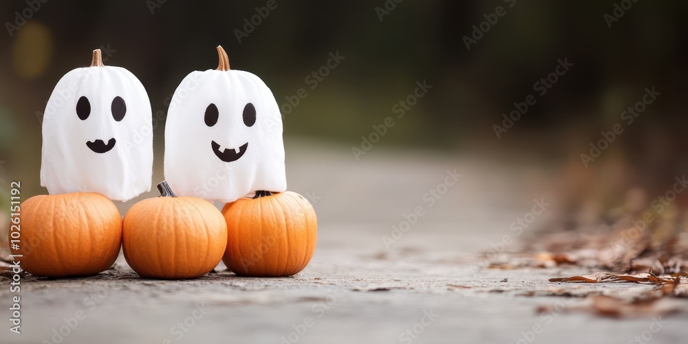 Cute Halloween scene featuring cheerful ghost decorations on pumpkins, perfect for festive autumn celebrations. Cute Halloween scene featuring cheerful ghost decorations on pumpkins, perfect for festive autumn celebrations.