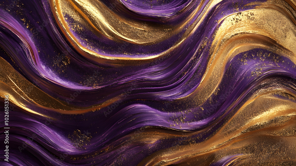 A wavy metallic background where the golden and purple textures intertwine in a mesmerizing pattern A wavy metallic background where the golden and purple textures intertwine in a mesmerizing pattern