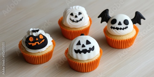 Delightful Halloween cupcakes featuring spooky designs, perfect for festive celebrations and sweet treats. photo