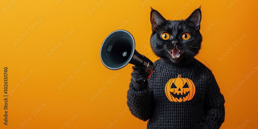 A black cat holding a megaphone wearing a black knitted sweater with a jack o lantern pumpkin on it orange background for Halloween banner with space for copy. A black cat holding a megaphone wearing a black knitted sweater with a jack o lantern pumpkin on it orange background for Halloween banner with space for copy.