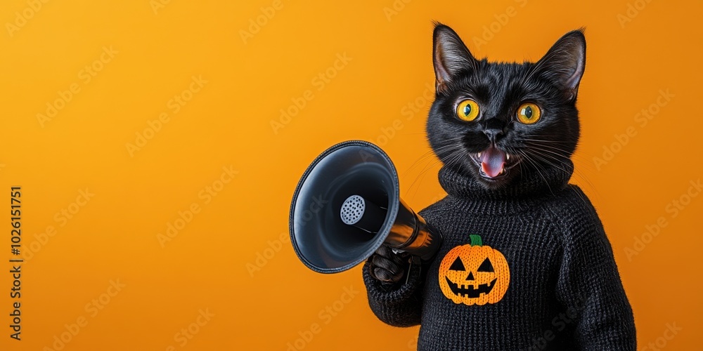 A black cat holding a megaphone wearing a black knitted sweater with a jack o lantern pumpkin on it orange background for Halloween banner with space for copy. 