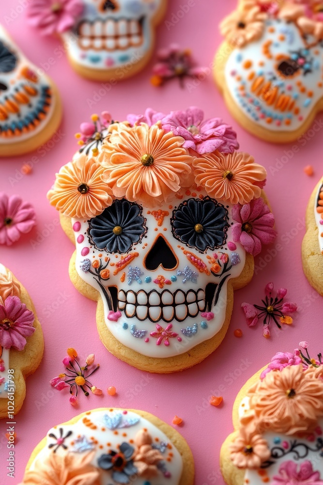 sugar skull cookies decorated with flowers, on a pink background, colorful 