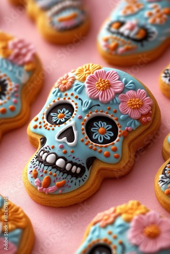 sugar skull cookies decorated with flowers, on a pink background, colorful 