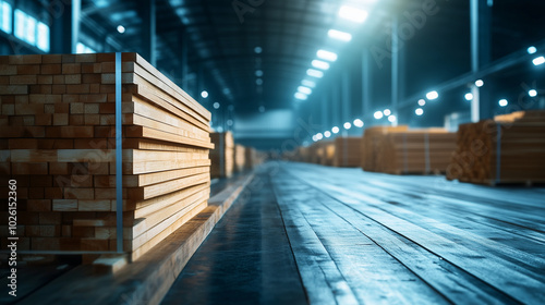 A perfectly organized factory with rows of stacked pine wood planks, the sleek machinery in the background demonstrating how technology enhances the production and storage of timbe photo