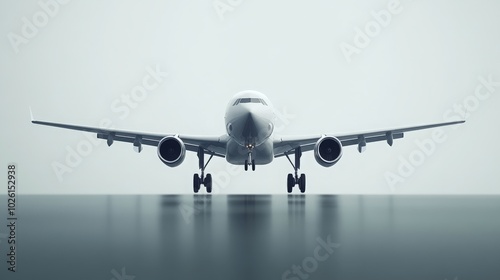 Elegant white backdrop with a modern passenger aircraft nearing its landing, featuring detailed landing gear and a streamlined fuselage in a clean, precise descent