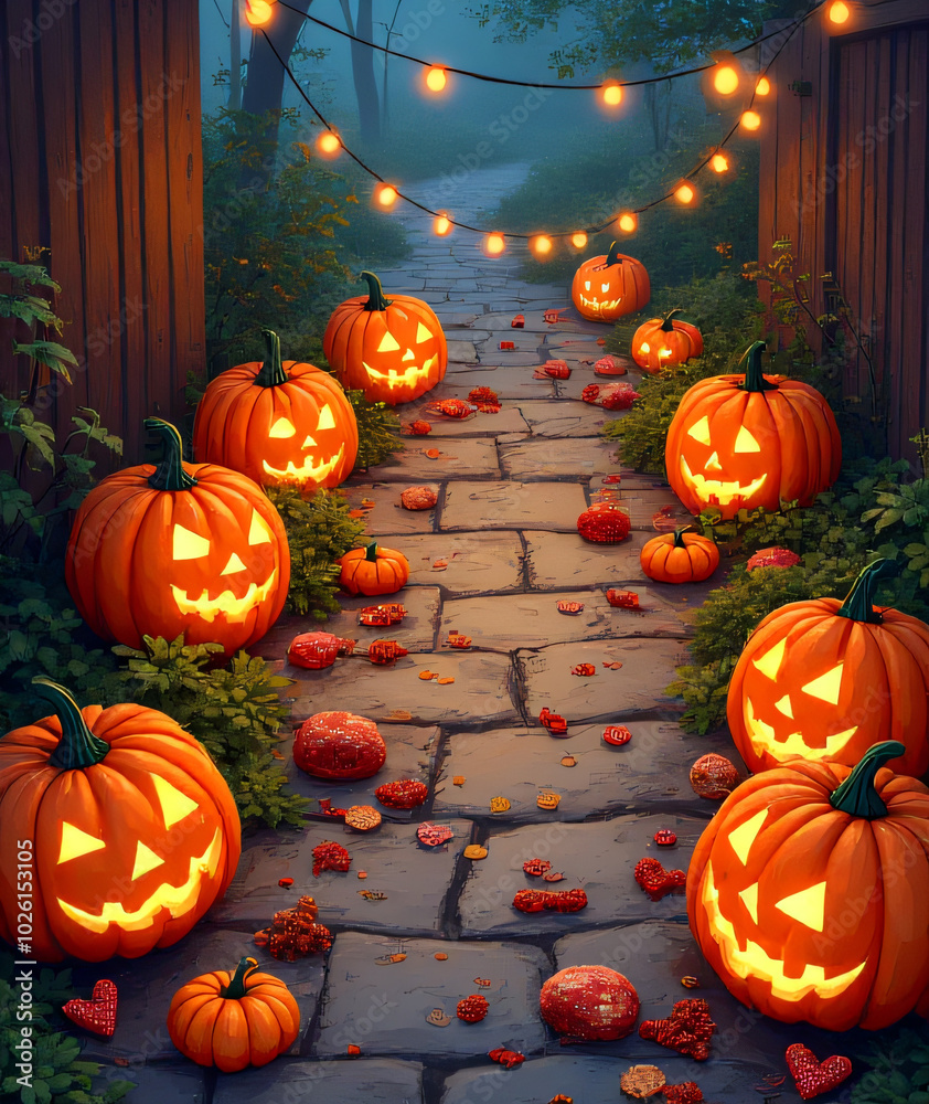 Obraz premium A vibrant Halloween celebration is brought to life in this top down illustration featuring jack o' lanterns, treats._00002_