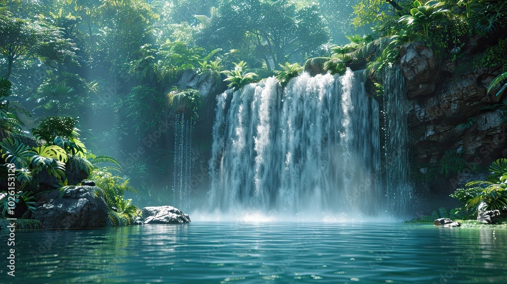 A serene waterfall in a lush forest, with bright green leaves, mist rising from the water, and detailed textures create a peaceful natural scene. A serene waterfall in a lush forest, with bright green leaves, mist rising from the water, and detailed textures create a peaceful natural scene.