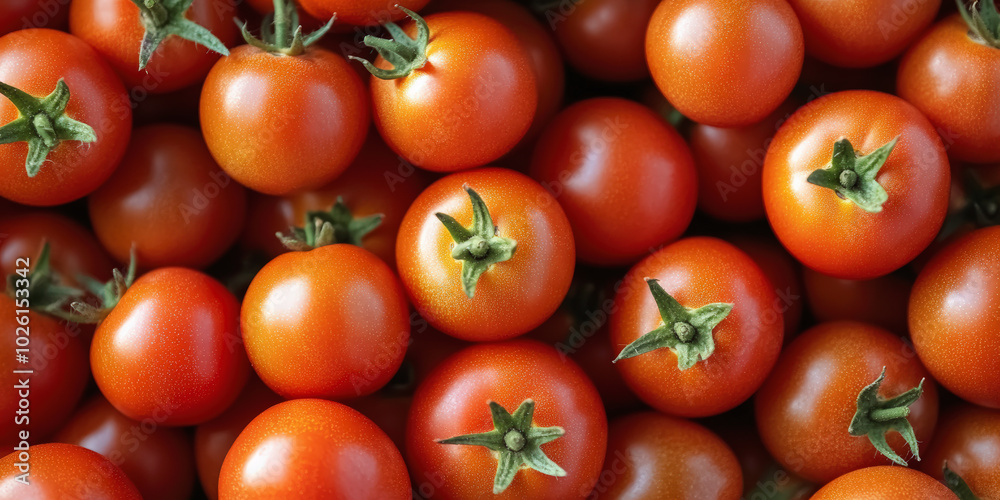 A vibrant pile of fresh, ripe tomatoes with green stems showcases their rich red hue, highlighting their plumpness and freshness, ready for culinary use. A vibrant pile of fresh, ripe tomatoes with green stems showcases their rich red hue, highlighting their plumpness and freshness, ready for culinary use.