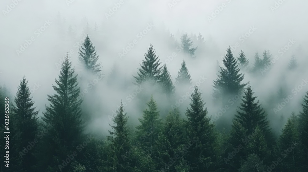 Elegant white backdrop with a serene, misty evergreen forest, capturing the calm and ethereal beauty of the landscape shrouded in fog Elegant white backdrop with a serene, misty evergreen forest, capturing the calm and ethereal beauty of the landscape shrouded in fog