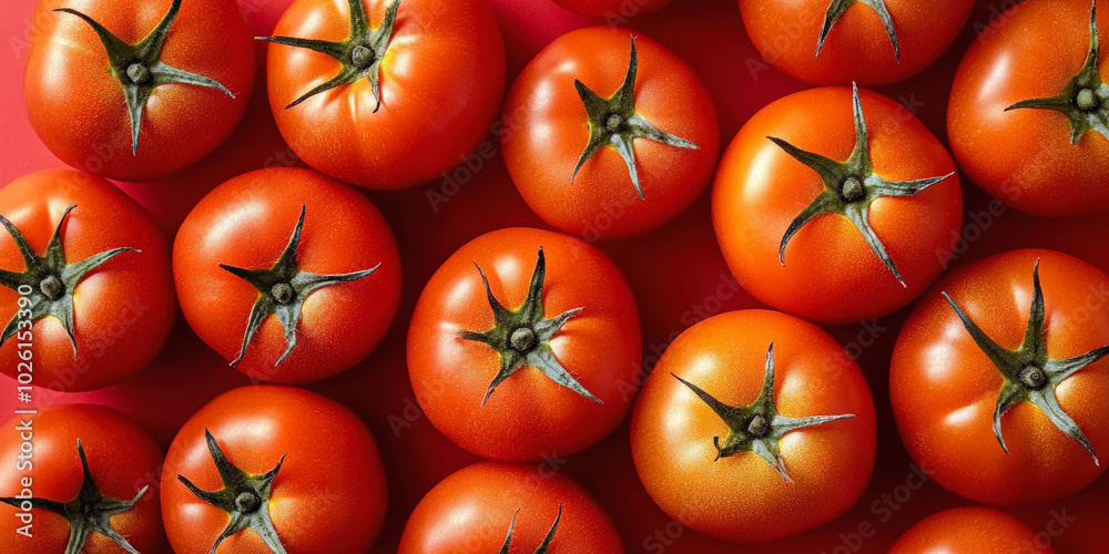 A vibrant display of ripe red tomatoes with green stems, arranged neatly on a reddish background, highlighting their fresh and inviting appearance. A vibrant display of ripe red tomatoes with green stems, arranged neatly on a reddish background, highlighting their fresh and inviting appearance.