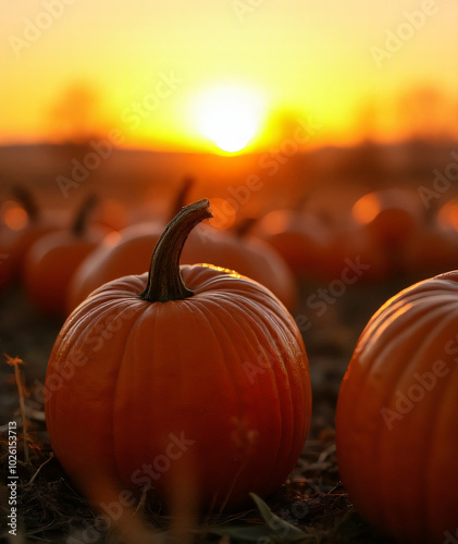 A field of ripe pumpkins glows warmly at sunset on a crisp Thanksgiving evening._00002_ photo