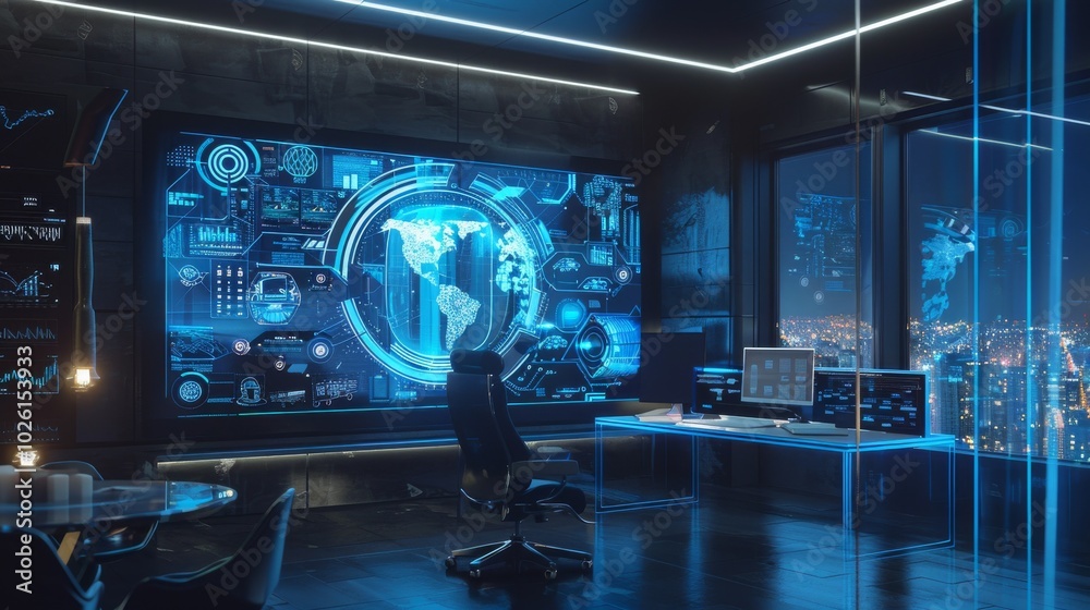 Holographic display in use in a futuristic office Holographic display in use in a futuristic office