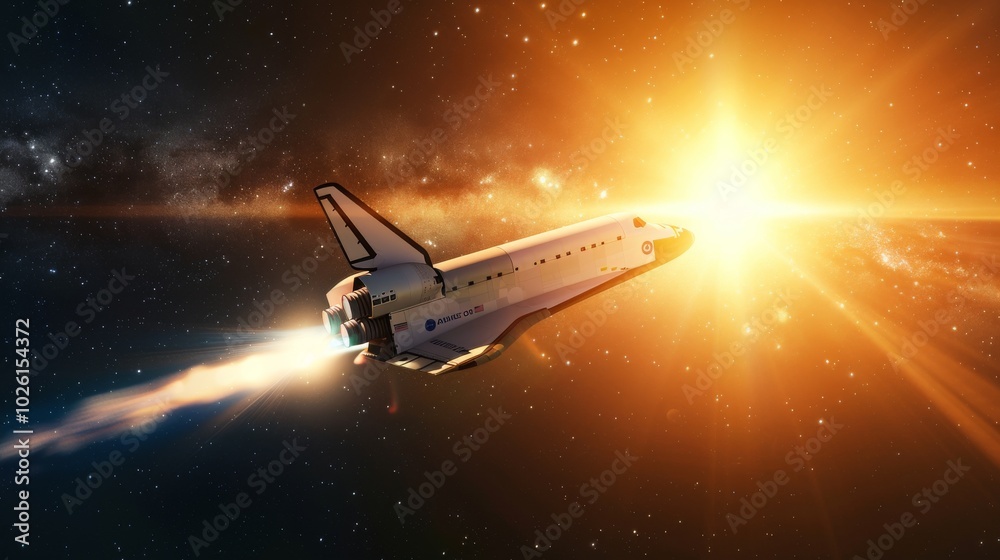Illustration depicting a space shuttle navigating through space towards a radiant star, emphasizing the futuristic aspirations of space exploration Illustration depicting a space shuttle navigating through space towards a radiant star, emphasizing the futuristic aspirations of space exploration
