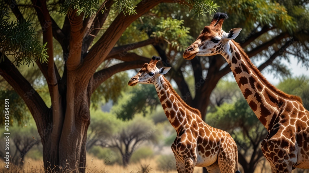Two giraffes stand in a savanna, one looking to the right and the other looking at the camera. The giraffes are standing in front of a group of trees. The savanna is dry and brown. Two giraffes stand in a savanna, one looking to the right and the other looking at the camera. The giraffes are standing in front of a group of trees. The savanna is dry and brown.