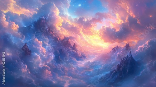 A stunning view of heavenly mountains, surrounded by radiant clouds and glowing skies, creating a peaceful atmosphere