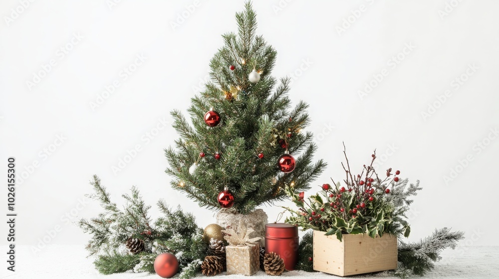 Elegant white background featuring a traditional Russian Christmas tree and a holiday-themed box plant arrangement Elegant white background featuring a traditional Russian Christmas tree and a holiday-themed box plant arrangement