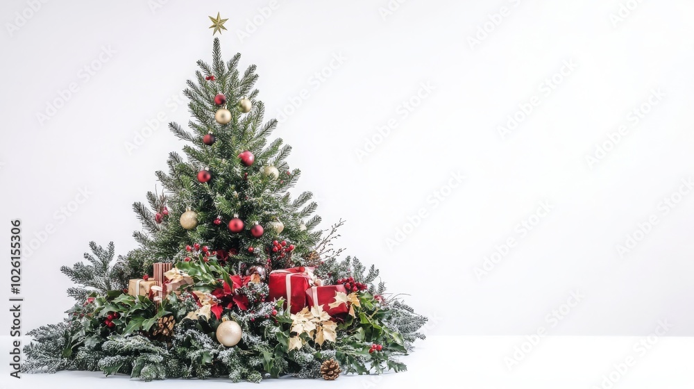 Elegant white background featuring a traditional Russian Christmas tree and a holiday-themed box plant arrangement Elegant white background featuring a traditional Russian Christmas tree and a holiday-themed box plant arrangement