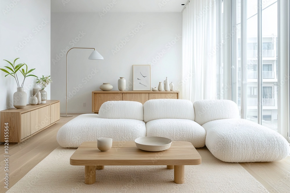 Fototapeta premium Minimalist, modern japandi interiors in the living room with boucle sofas and wood cabinets finished in white. Generative AI 