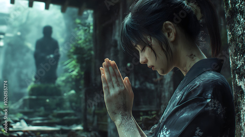 A woman offering a prayer with her hands clasped at a shrine. photo