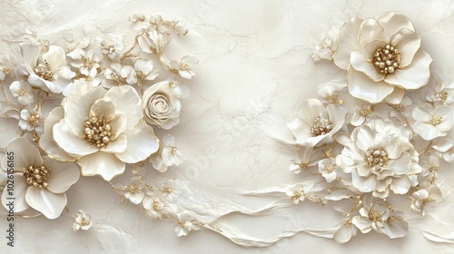 Elegant white gold floral border art showcasing luxurious flower motifs. The subtle gold accents highlight the detailed jewelry-like elements for a sophisticated touch