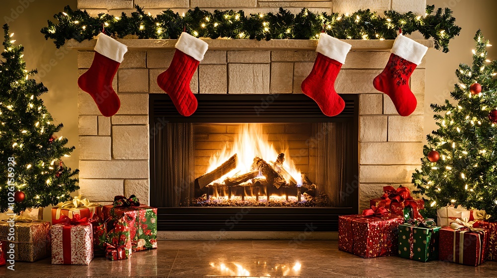 Cozy Fireplace Adorned for Christmas Celebration Cozy Fireplace Adorned for Christmas Celebration