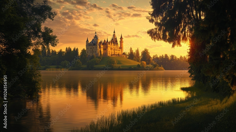Obraz premium Breathtaking castle reflection at sunset across a peaceful lake surrounded by lush trees and beautiful nature scenery