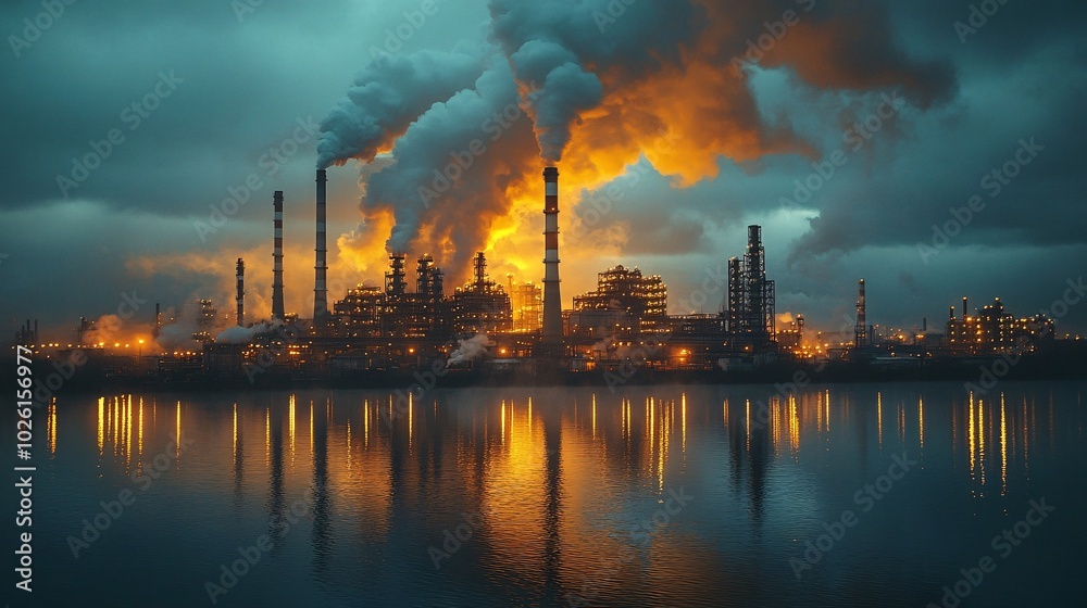 A factory throwing pollution into the environment, photography A factory throwing pollution into the environment, photography