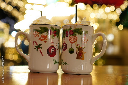 Mug of hot chocolate with marshmallows at a Christmas market. Festive drink portrait in winter.