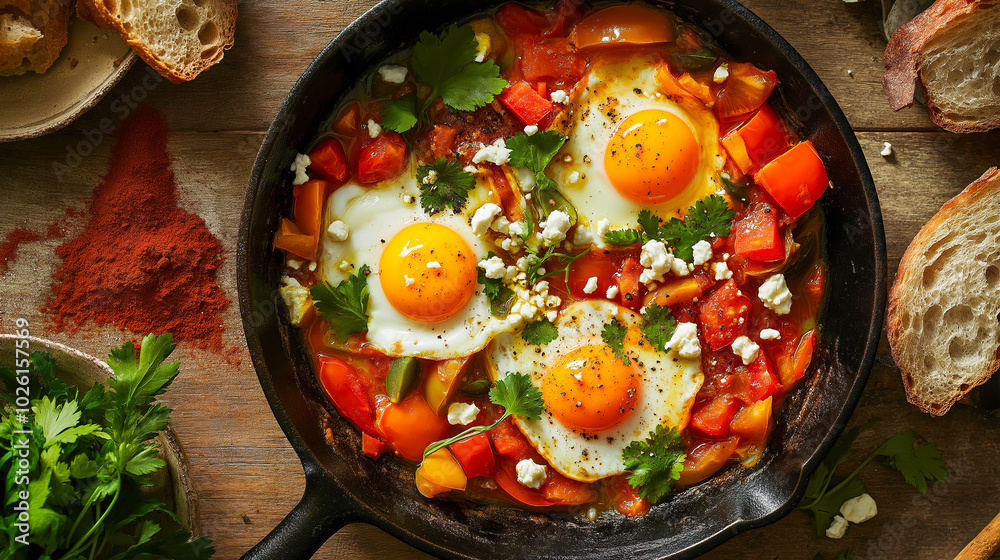 Shakshuka served in a rustic cast-iron skillet featuring vibrant poached eggs, tomatoes, and bell peppers, garnished with fresh herbs and crumbled feta, on wooden table with scattered spices and bread