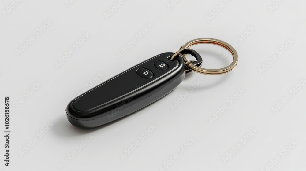 A single car key with a black fob, isolated on white background. A single car key with a black fob, isolated on white background.