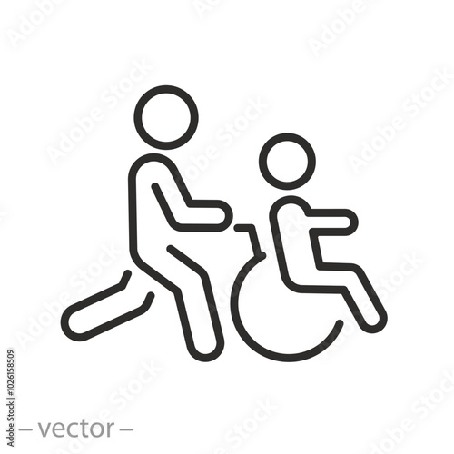 human with wheelchair for patient icon, transportation disabled persons, wheel chair, thin line vector illustration