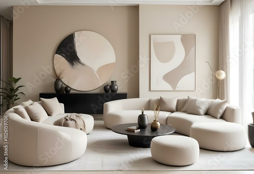 A modern and minimalist living room with a large curved beige sofa, a round coffee table, and a large abstract artwork on the wall.