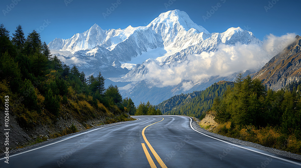 Fototapeta premium Winding Alpine Road: A winding road that cuts through towering snow-capped mountains, with sharp bends and steep drops. Pine trees flank the road,
