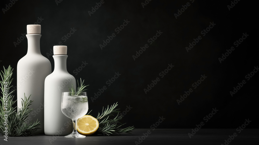 Minimalistic composition with two matte bottles, a gin and tonic glass, rosemary sprigs, and a lemon slice on a dark background Minimalistic composition with two matte bottles, a gin and tonic glass, rosemary sprigs, and a lemon slice on a dark background