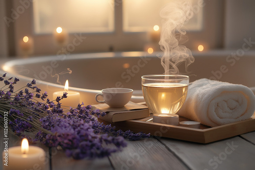 Cozy bathroom with warm bath infused with essential oils, surrounded by flickering candles and soft towels. Wooden tray holds herbal tea and a book, creating a peaceful and rejuvenating atmosphere. 