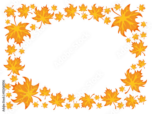 Autumn leaves template round oval frame in rectangle maple background, cartoon vector material.
