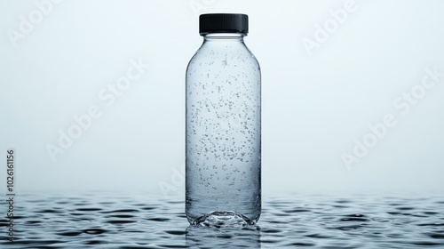 A transparent water bottle with a closed lid, isolated on white background. 