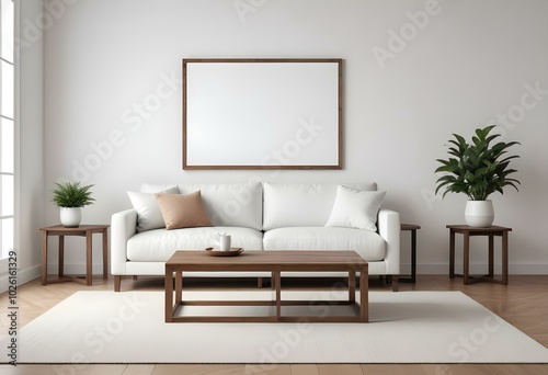 A modern, minimalist living room with a white sofa, wooden coffee table, and a blank wall with a frame.