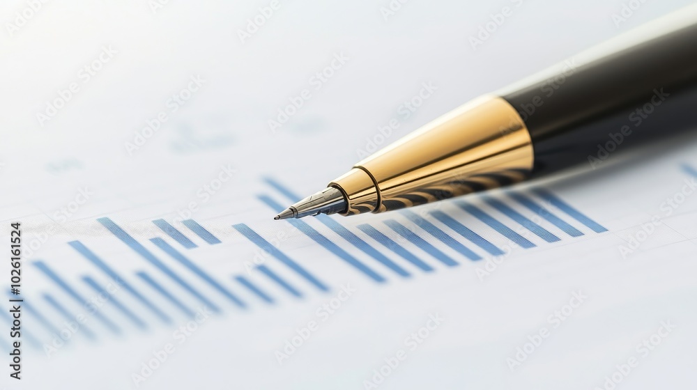 A close-up of a pen resting atop a document featuring graphs and charts, symbolizing data analysis and business reports.