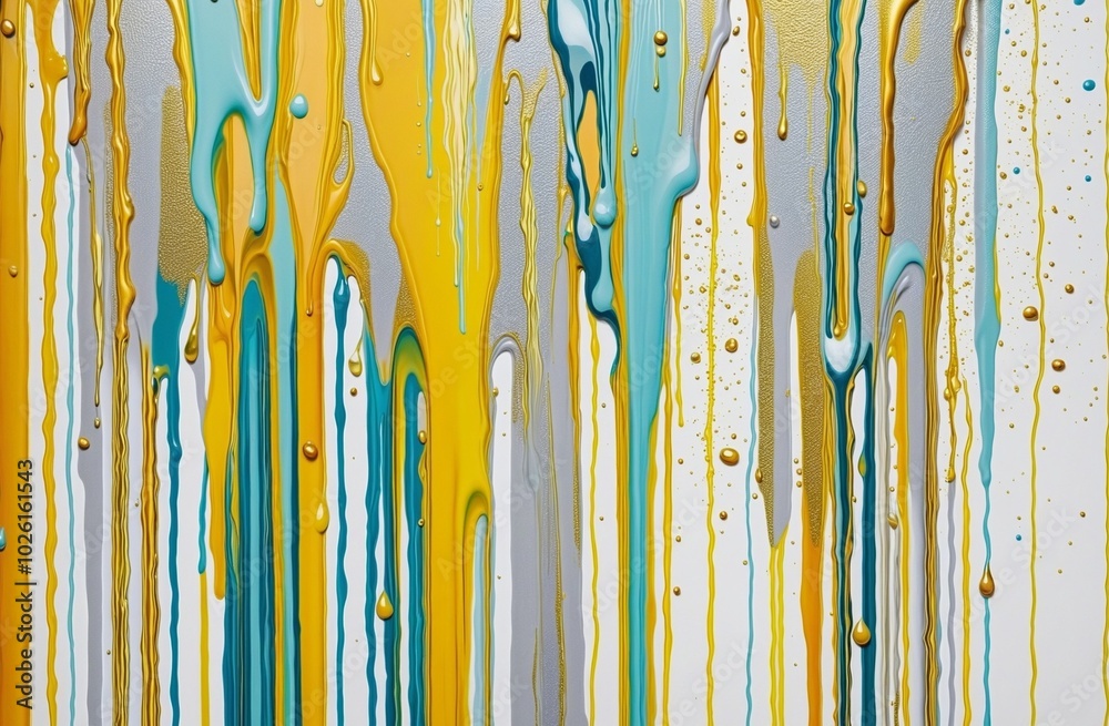 Vibrant Abstract Design with Dripping Shapes and HoneyDew, Cyan, WhiteSmoke, Gold, Goldenrod, silver, and Metallic Gold