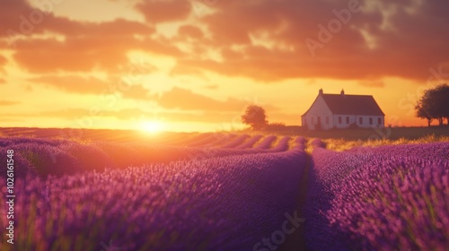 Lavender field at sunset with farmhouse silhouette - Blending the iconic elements of a lavender field with the silhouette of a farmhouse at sunset, 