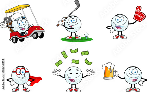 Cute Golf Ball Cartoon Mascot Character. Vector Hand Drawn Collection Set Isolated On Transparent Background