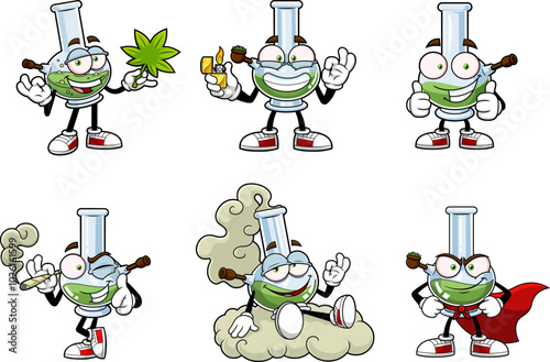 Marijuana Bong Cartoon Character. Vector Hand Drawn Collection Set Isolated On Transparent Background